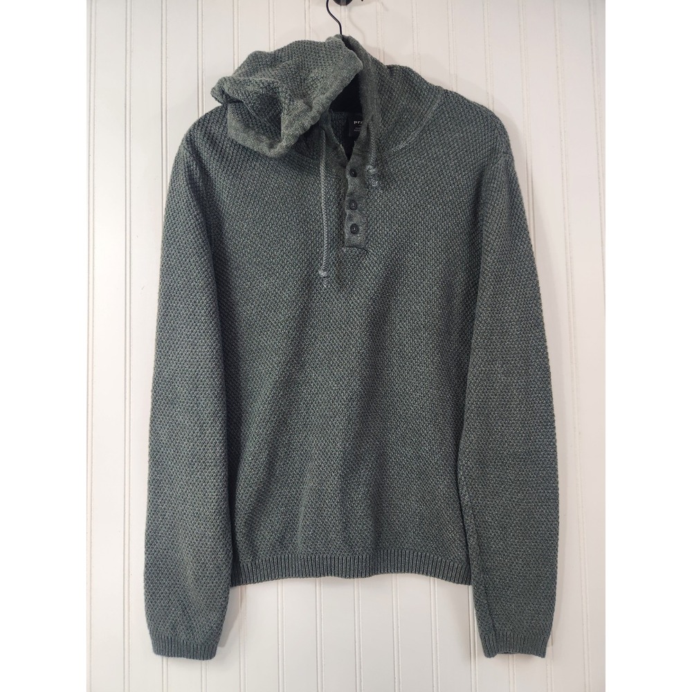 Prana Mens Organic Cotton Henley Hoodie Sweater Grey Green Textured Knit Size M - Picture 1 of 10